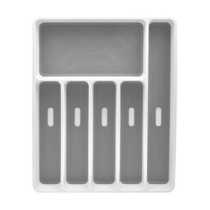 ORGANIZADOR PARA CUBIERTOS 6 COMPARTIMENTOS DE PLÁSTICO BLANCO Y GRIS